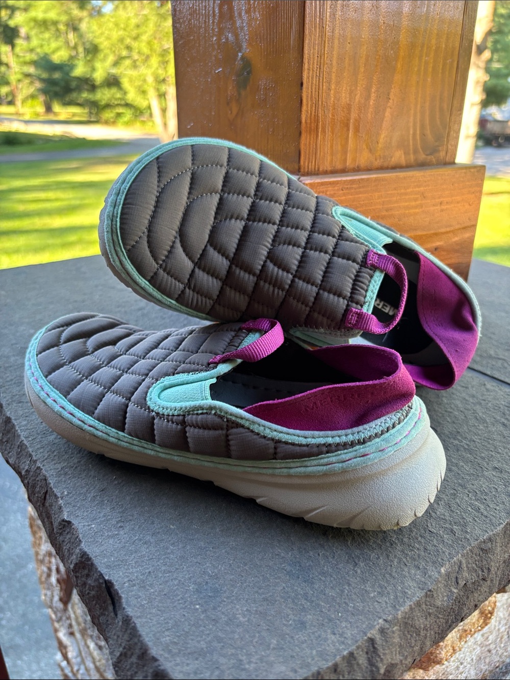 Merrell Quilted Slip-On Moccasins in Gray with Teal Trim & Purple Lining